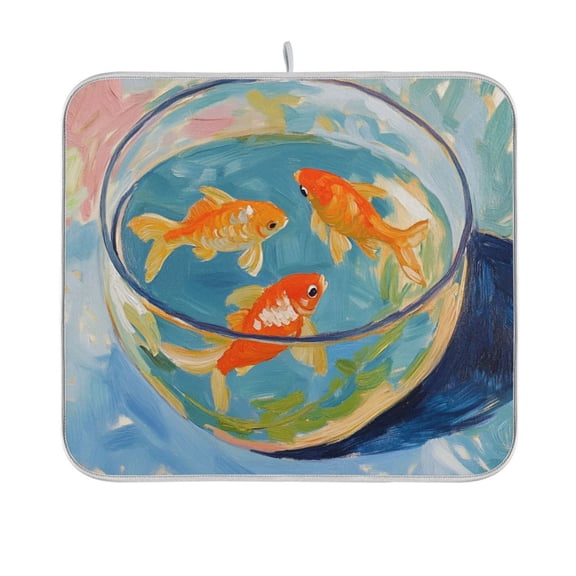 Yayeee Dish Drying Mat for Kitchen Counter 16"x18" Microfiber Absorbent Pad, Art Goldfish