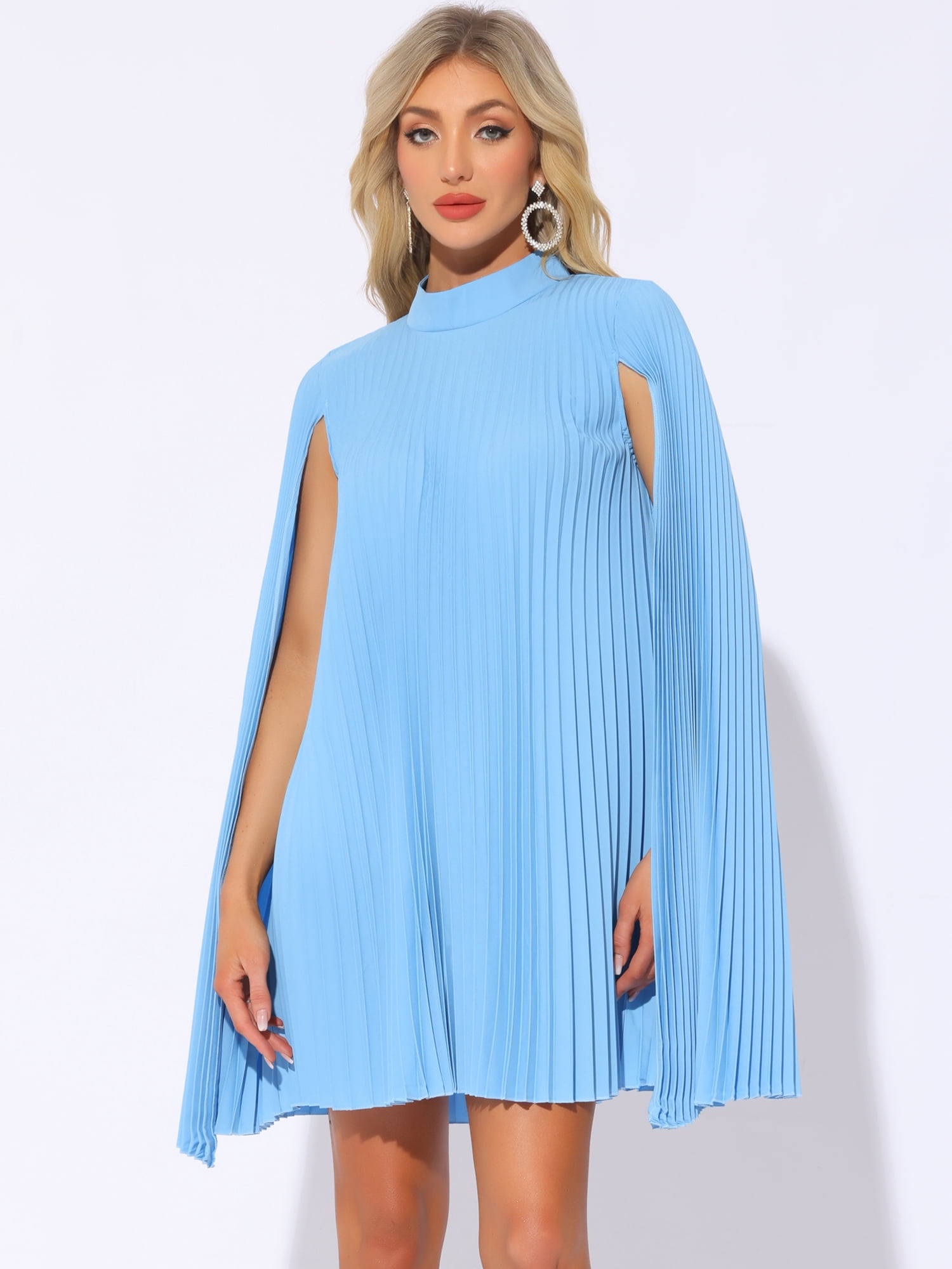 DARING DIVA Flowy Cloak Sleeve Cape Pleated Chiffon Dress L Blue