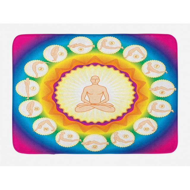 Yoga Bath Mat, Yogi in The Lotus Posture and Exercises in Several Positions Surya Namaskar Vitality, Non-Slip Plush Mat Bathroom Kitchen Laundry Room Decor, 29.5 X 17.5 Inches, Multicolor, Ambesonne