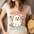 thumbnail image 4 of Will Work For Candy Ghost Cartoon Graphic Tee Unisex T-Shirt, Heliconia, Size M, 4 of 6