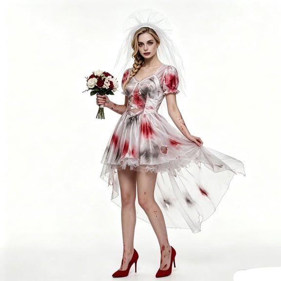 Women's Ghost Zombie Bride Halloween Vampire Cosplay Outfit Scary Party Stage Performance Fancy Dress Up