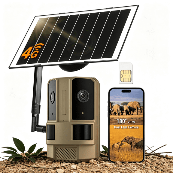 Rixvaxt 4G LTE Cellular Security Camera, Outdoor No WiFi Solar Camera with Dual-Lens 180° Wide View, 4K Color Night Vision, Motion Detection, 2-Way Audio & IP66 Waterproof