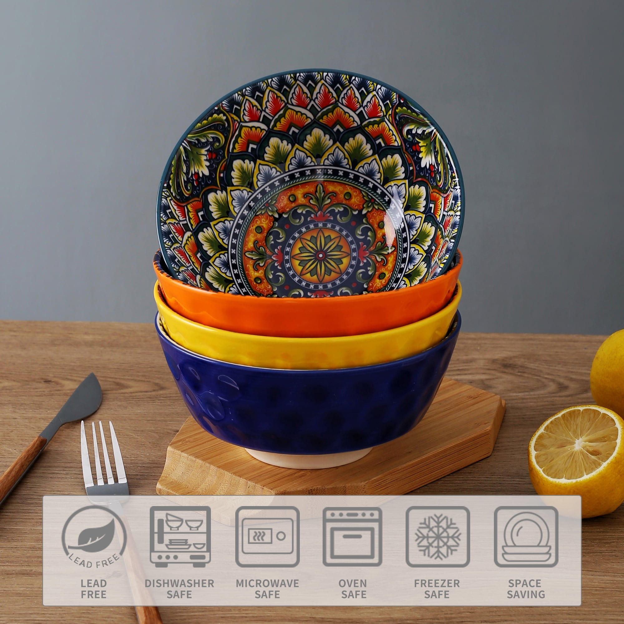 Artmica Porcelain Boho Cereal Bowls, Ceramic Soup Bowls Set of 4, 26 oz Colorful Bowls Set