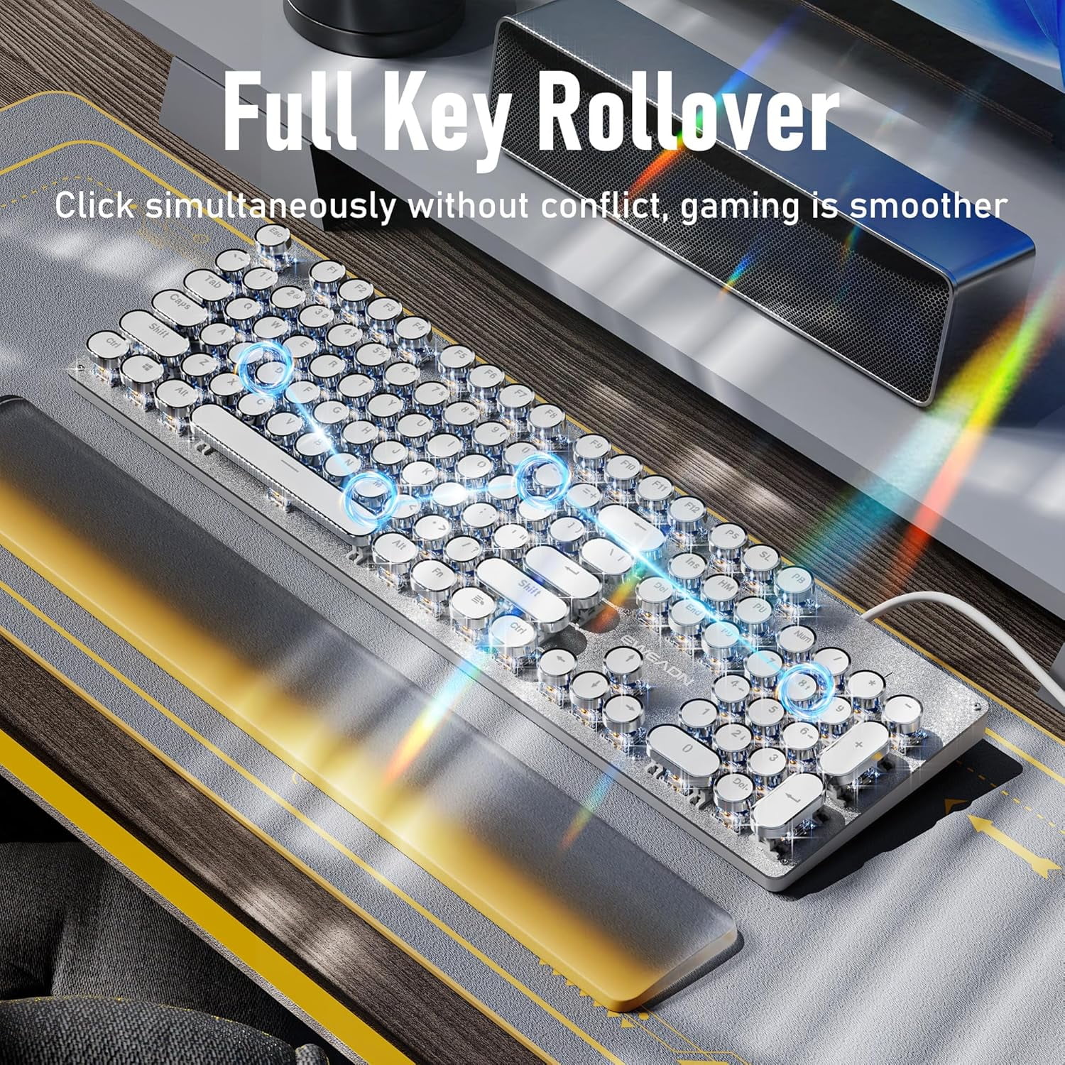 Typewriter Style Wired Mechanical Keyboard, 104 Keys Aesthetic Typewriter Keyboard with White Backlit, Anti-Ghosting, Blue Switch Wired Cute Keyboards
