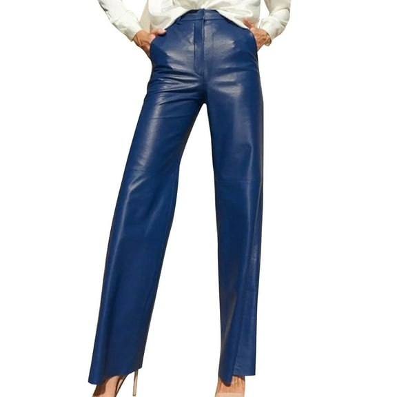 Nhthy Women's Leather Pants Versatile High Waisted Straight Leg Trousers Faux Leather Pants with Pocket Work Pants Blue M