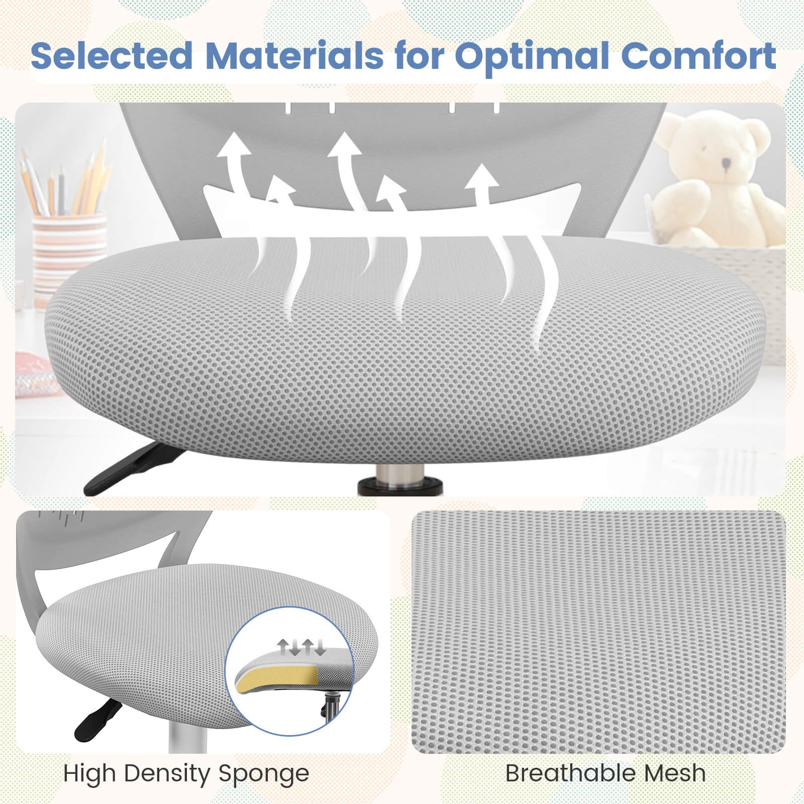Costway Kids Desk Chair Ergonomic Swivel Children Mesh Study Height Adjustable Gray