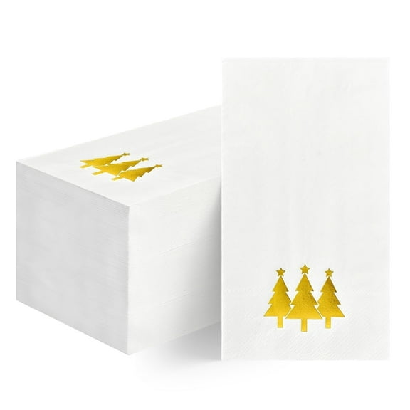 Sm:)e 100 Christmas Disposable Paper Decorative Guest Napkins, Gold Foil Christmas Trees Hand Towel for Party Lunch Dinner Kitchen Bathroom