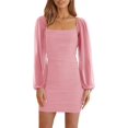 thumbnail image 1 of HAHDAXIA Women's Mesh Long Sleeve Square Neck Ruched Party Club Cocktail Bodycon Mini Dress, 1 of 6