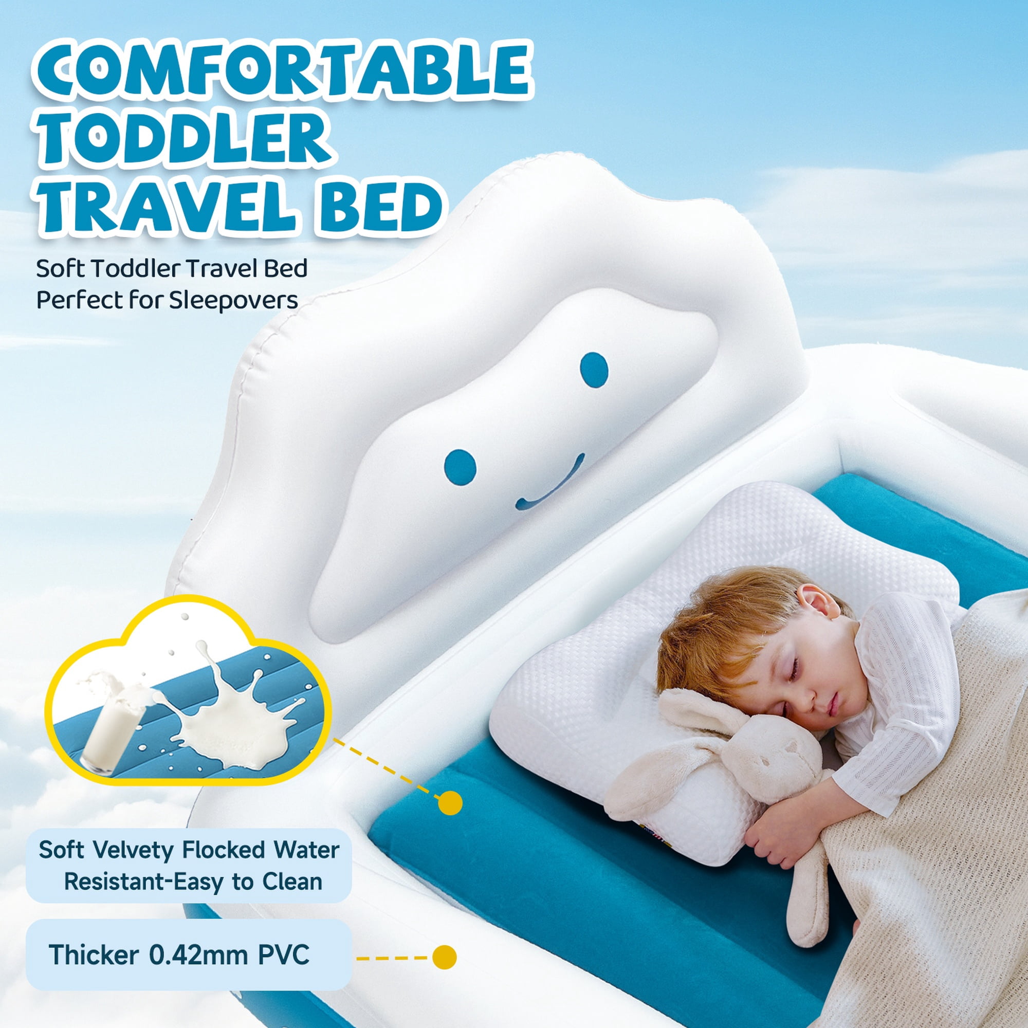 Inflatable Toddler Travel Bed Air Mattress with Safety Bumpers and Electric Pump - 330lb Capacity Portable Kids Bed - 40" x 63" Portable Blow Up Bed for Travel, Camping, Sleepovers