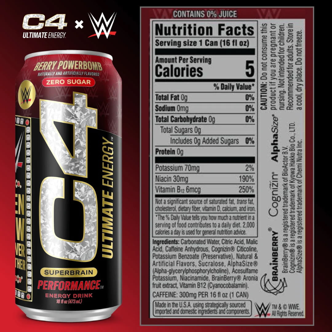 C4 Ultimate Energy Drink, WWE Ruthless Raspberry, 16 fl oz Single Can