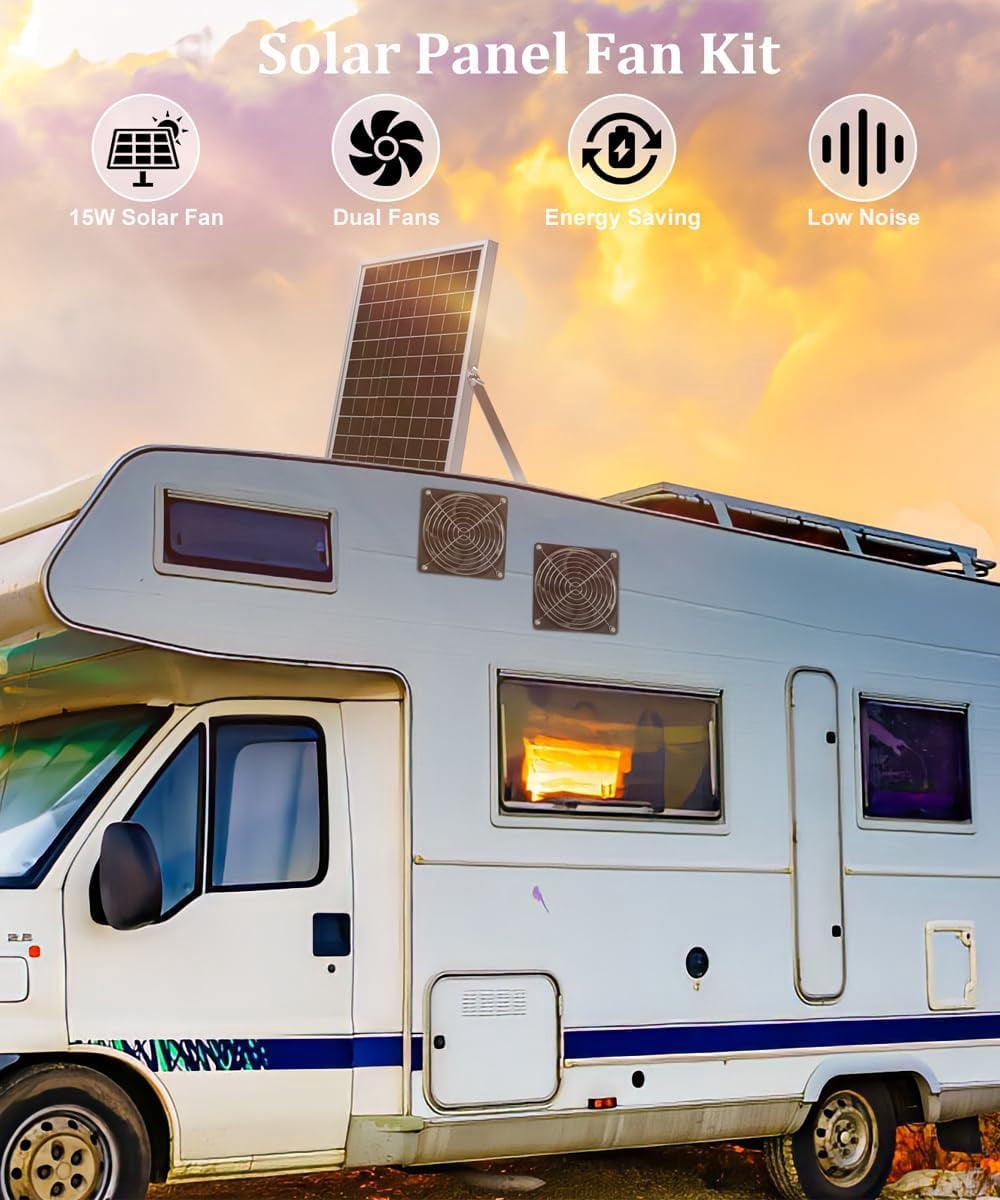 15W Solar Panel Dual Fan Kit, Waterproof Solar Exhaust Intake Fan Kit, 5 inch Brushless Fan with 11.5Ft on/off Switch Cable, Cooling Ventilation for Campervan, Greenhouse, Chicken Coop, Shed
