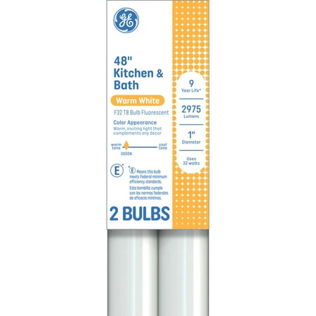 GE Fluorescent Tube Light Bulbs, 32 Watt, Warm White, 48in, T8 Bulb, G13 Base, 2pk