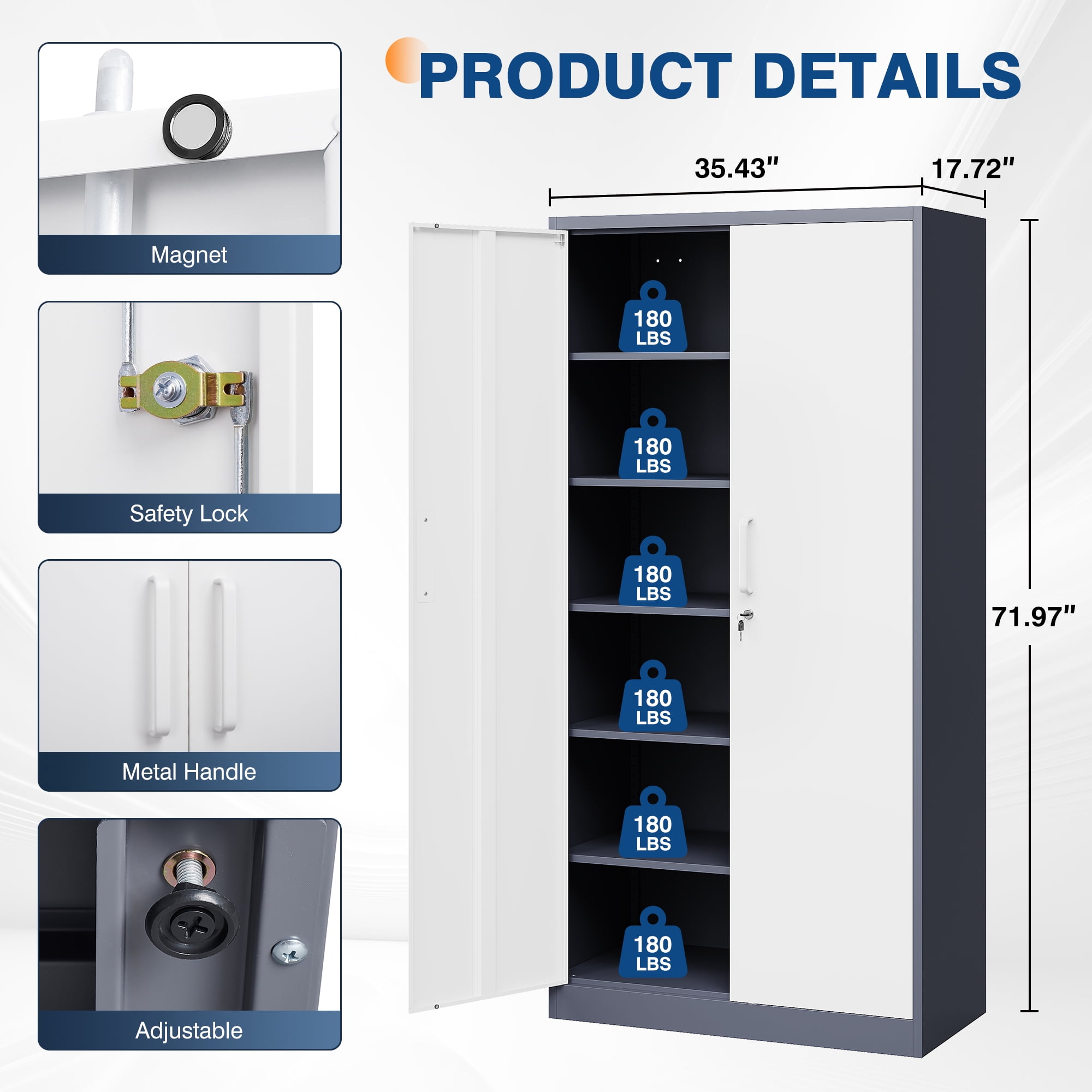 Fesbos 72" Metal Storage Cabinet with 5 Adjustable Shelves,Tall Lockable Tools Cabinet, White&Gray Steel Garage Storage Cabinets for Home Office,Pantry,Hospital