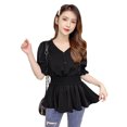 thumbnail image 3 of Camisa de mujer Cuello en V Verano Color sólido Manga de media longitud Botón superior, Negro, L Kearding AP001444-07, 3 of 7