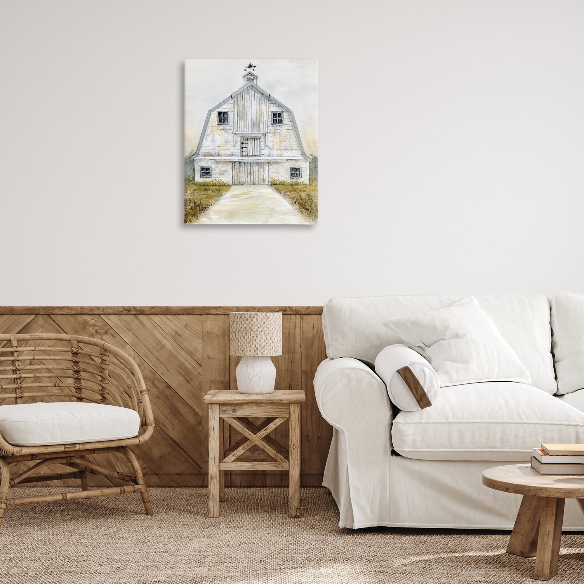 Stupell Industries White Barn Grey Trim Landscape Painting Gallery Wrapped Canvas Art Print Wall Art, 24 x 30