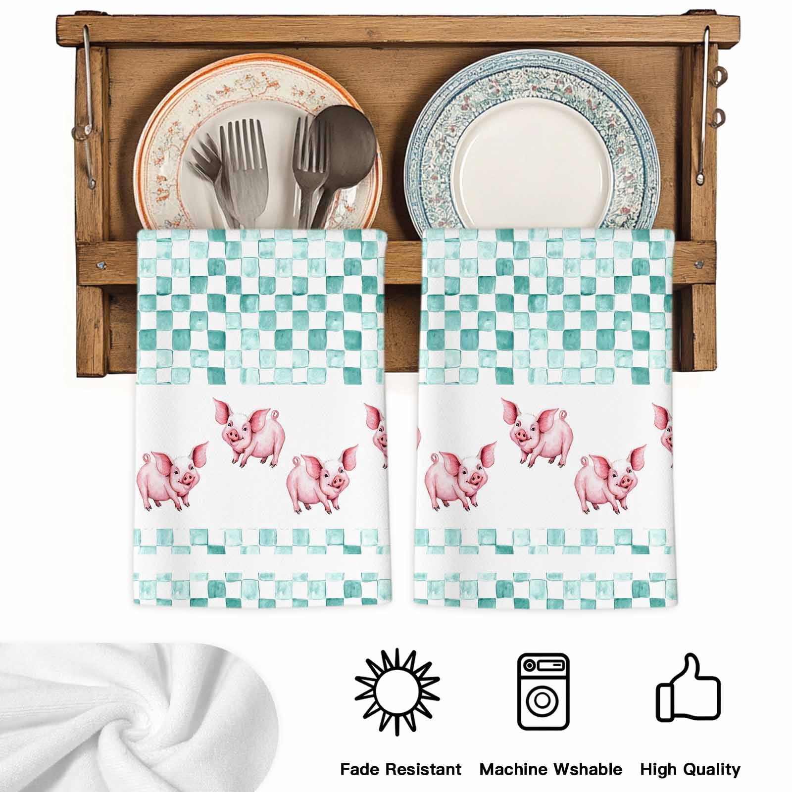 Green Plaid Farmhouse Kitchen Towels Set of 1, Watercolor Cute Country Pigs Checkered Absorbent Dish Towels for Kitchen, Microfiber Hand Towel, Quick Drying Tea Towel for Cleaning Dishcloths