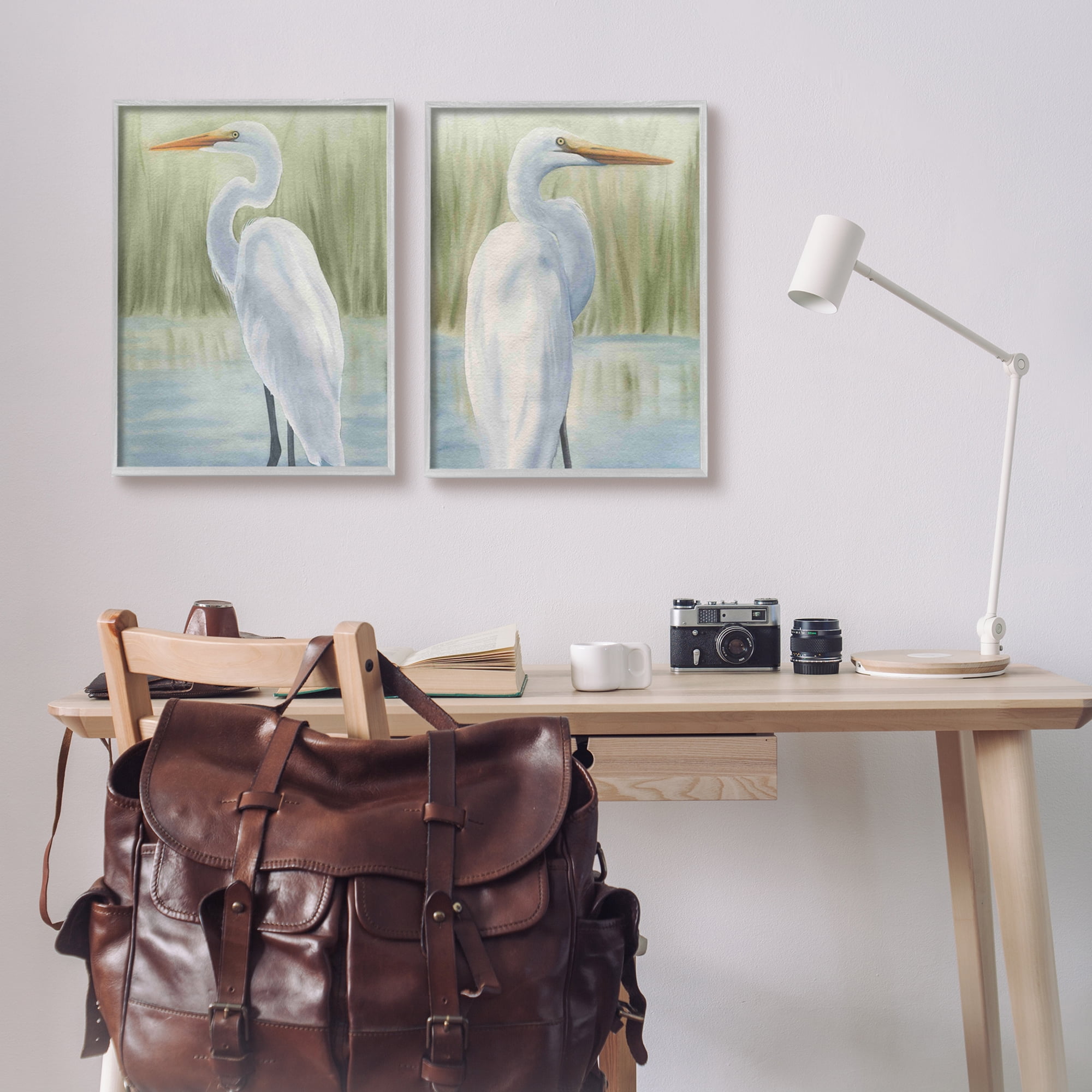 Stupell Industries Egrets in Marshland Animals & Insects Painting Gray Framed Art Print Wall Art, 16 x 20, Set of 2