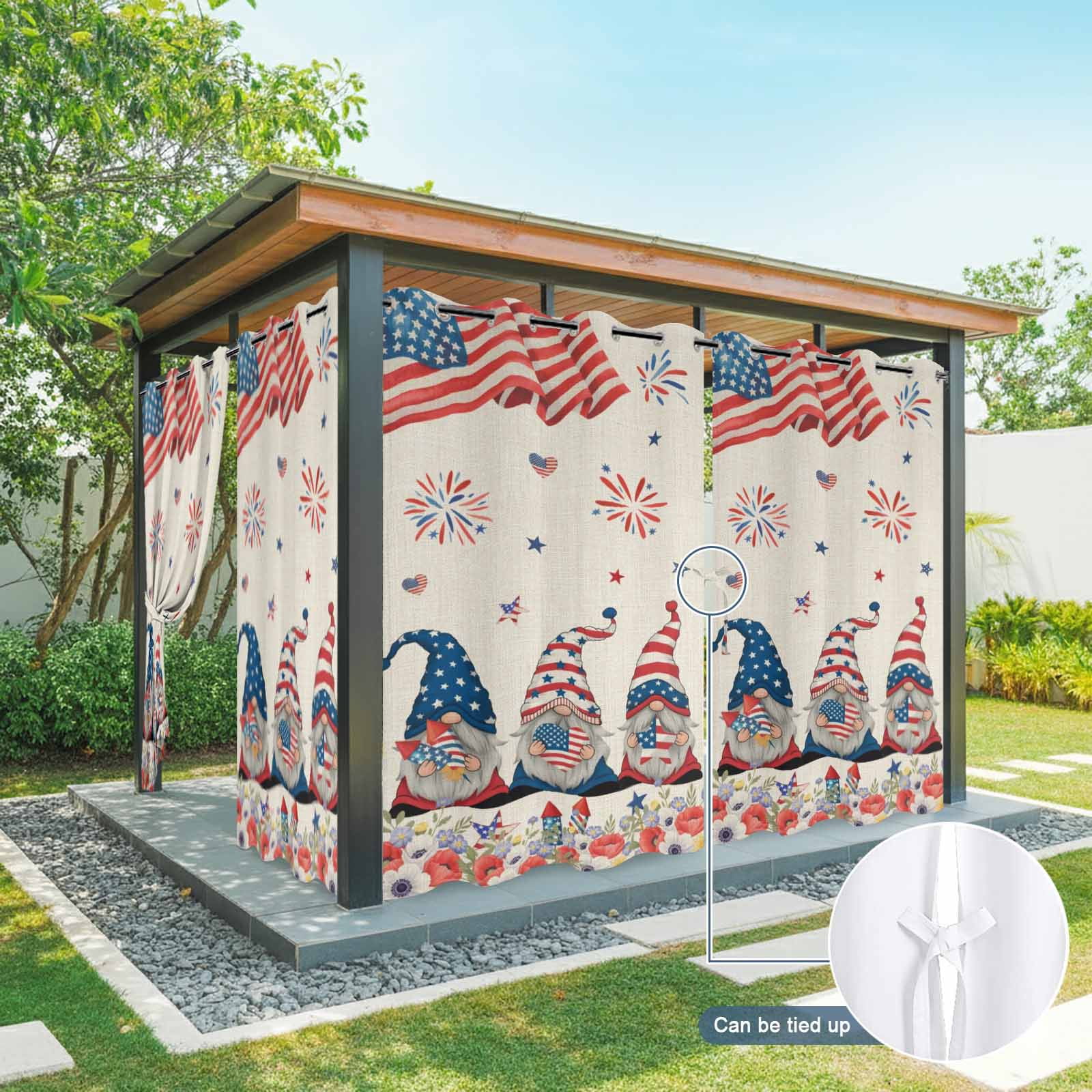 Independence Day Outdoor Curtains for Patio, Gnome Poppy US Flag Retro 4th of July Sunshade Privacy Drapes Grommet Waterproof Outside Curtains for Porch/Cabana/Balcony 54"x 108", 1 Panel