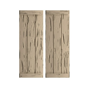 Ekena Millwork 16 1/2"W x 46"H Rustic Three Board Joined Board-n-Batten Pecky Cypress Faux Wood Shutters w/End Batten (Per Pair), Primed Tan