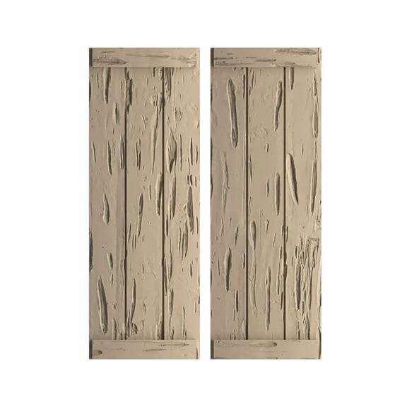 Ekena Millwork 16 1/2"W x 60"H Rustic Three Board Joined Board-n-Batten Pecky Cypress Faux Wood Shutters w/End Batten (Per Pair), Primed Tan