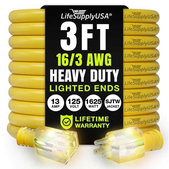 3ft Outdoor/Indoor Extension Cord 16/3 Gauge Heavy Duty 3 Prong SJTW, Waterproof, Flexible Cold-Resistant Long Power Cord,13A 125V 1625W, Yellow by LifeSupplyUSA