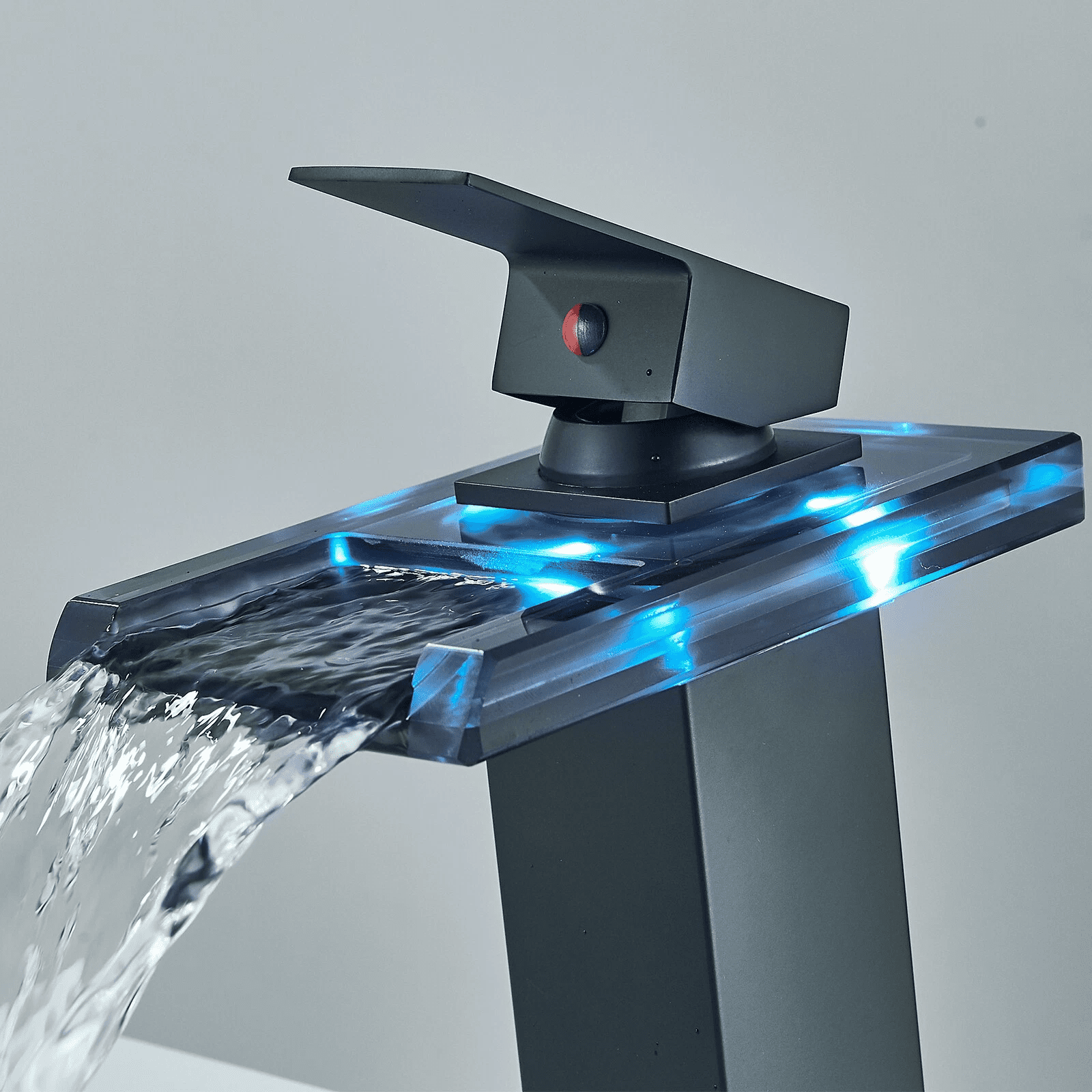 Zovajonia LED Bathroom Sink Faucet, Matte Black Waterfall Single-Handle Vanity Faucets for Sinks 1 Hole with  2 Water Supply Lines Open Glass Spout