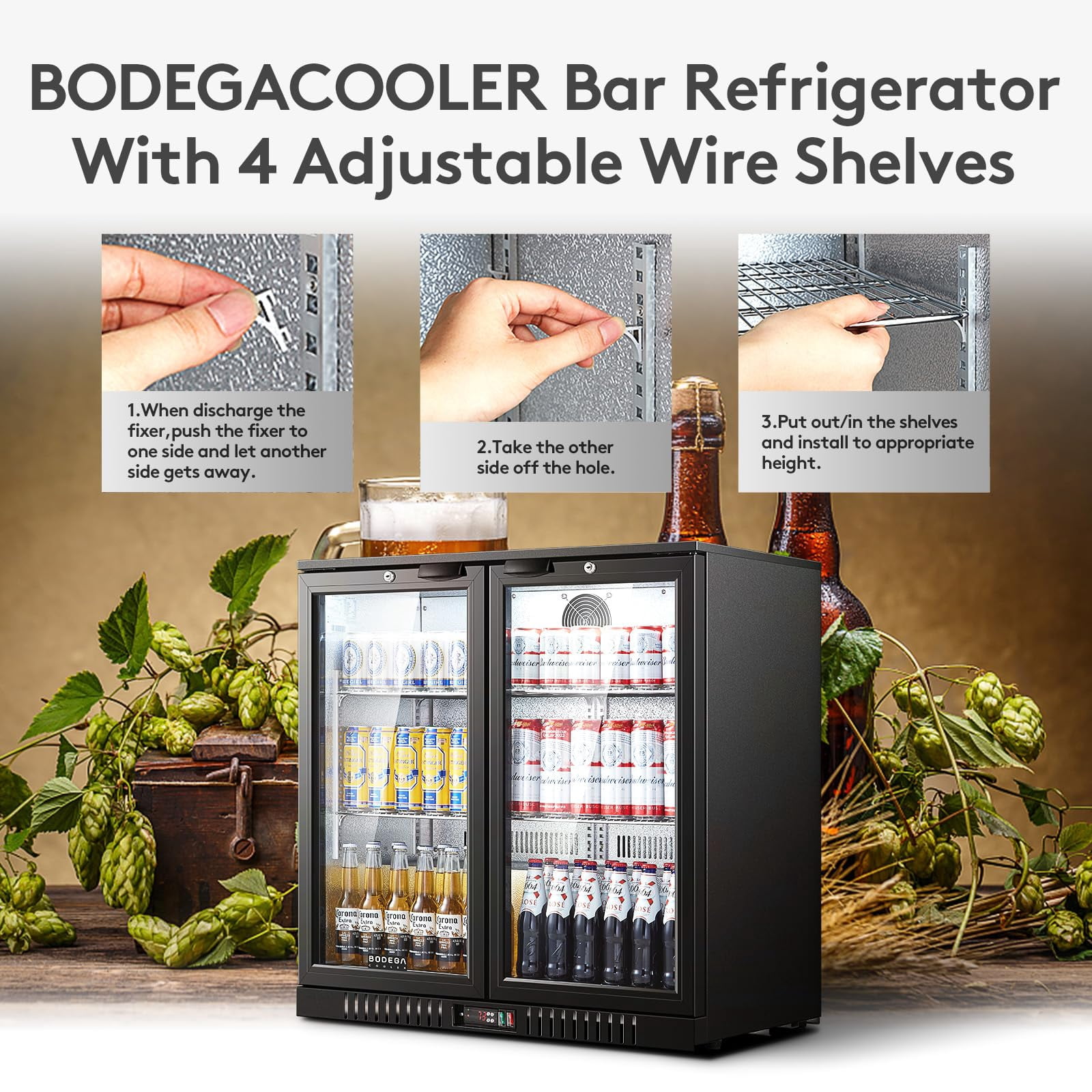Back Bar Cooler With 2 Glass Doors, BODEGACOOLER 7.4 Cu.Ft. Capacity Back Bar Fridge with LED Lighting, Commercial Under counter Display Fridge for Beer, Soda Drinks, Wine