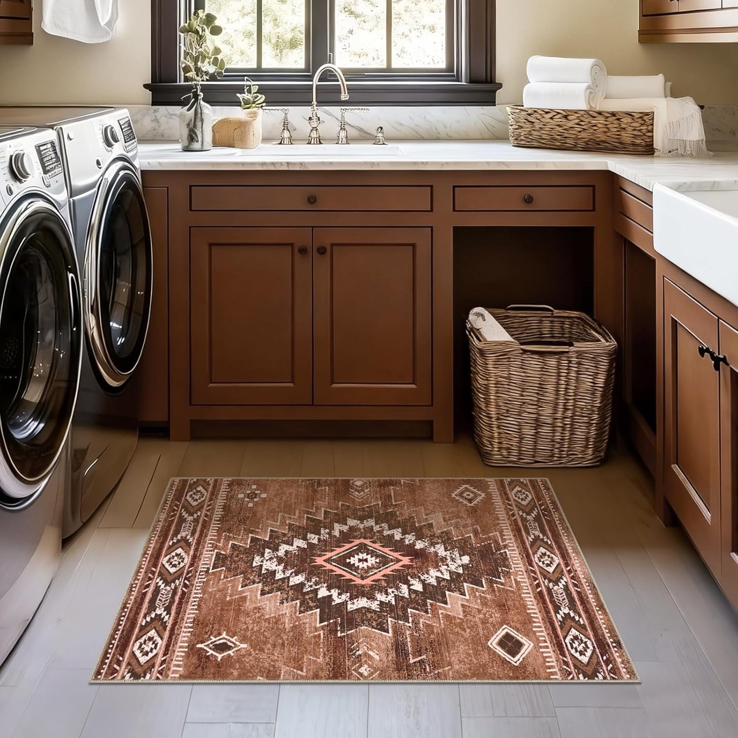 Bleum Cade Moroccan Bathroom Rug,Washable 2x3 Small Bath Mat, Boho Tribal Soft Non-Slip Geometric Entry Way Rug, Low-Pile Indoor Carpet for Bedside Entrance Laundry,Brown