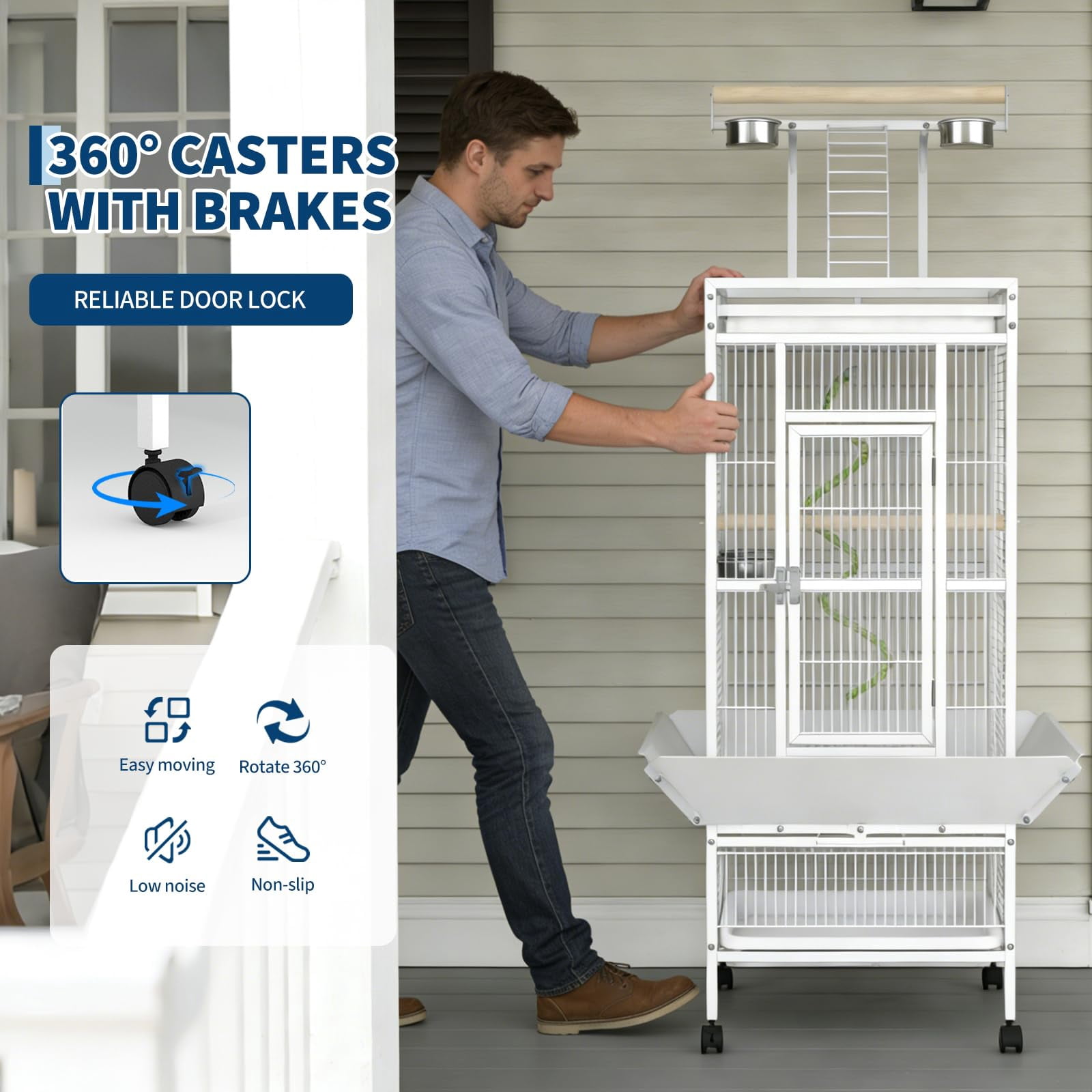 60" Large White Wrought Iron Bird Cage, Indoor Parakeet Cage with Playtop, Bird Rope Perche, Heavy Duty Wrought Iron Bird Cage on Wheels for Parrots, Parakeets, Cockatiels, Conures