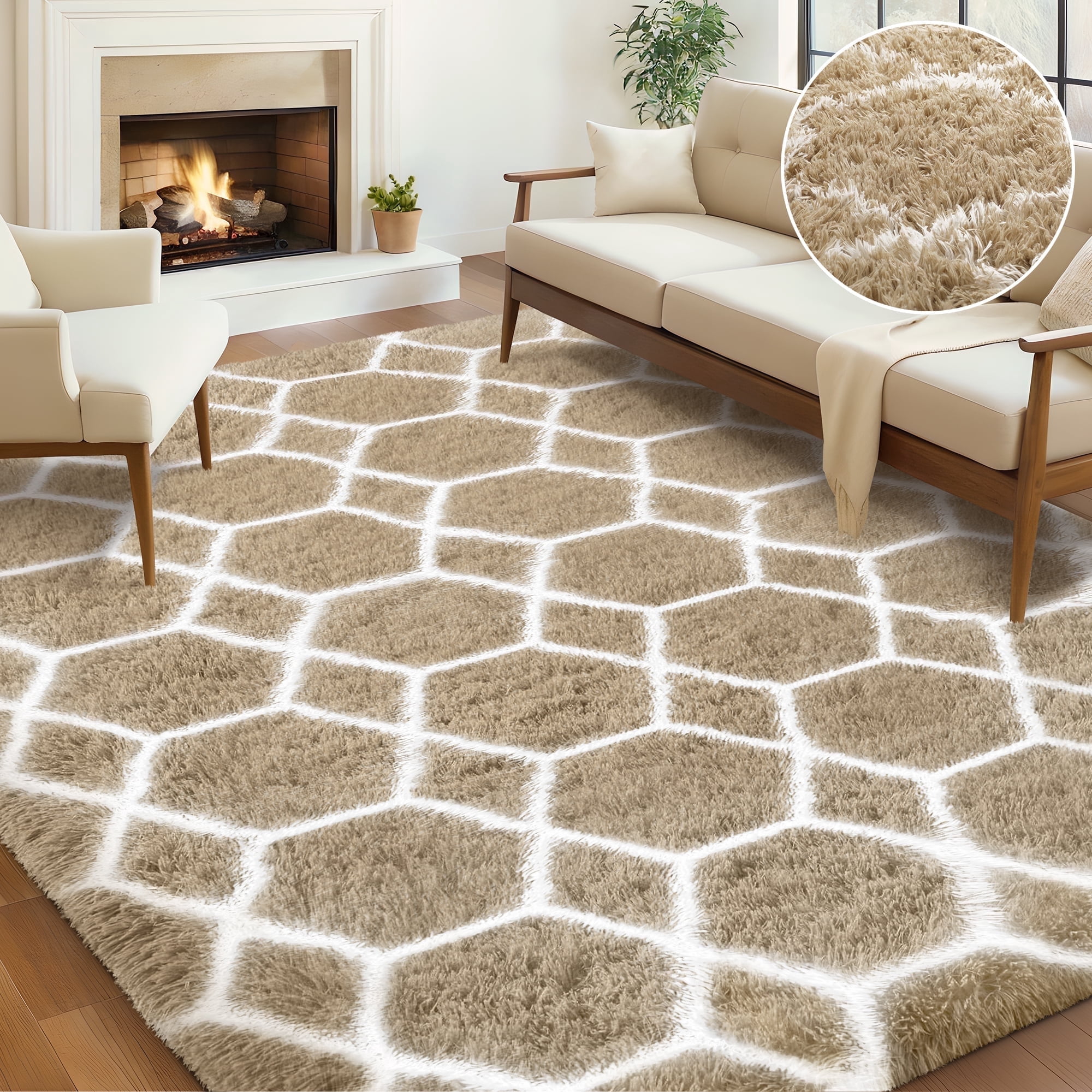 Nefoso Shag Geometric Area Rug, 8ft x 10ft Soft Fluffy Area Rugs for Living Room Bedroom Decor Carpet, Camel & White