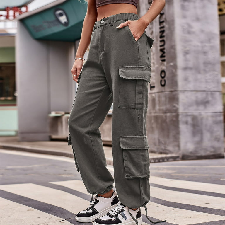 HIMIWAY Cargo Pants Women Palazzo Pants for Women Women's Fashion Casual  Solid Color Drawstring Jeans Overalls Sports Pants Gray D S 