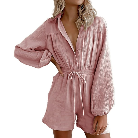 Women's Summer Long Sleeve Shorts Romper Solid Color Drawstring Botton Down Loose Casual Jumpsuits with Pockets