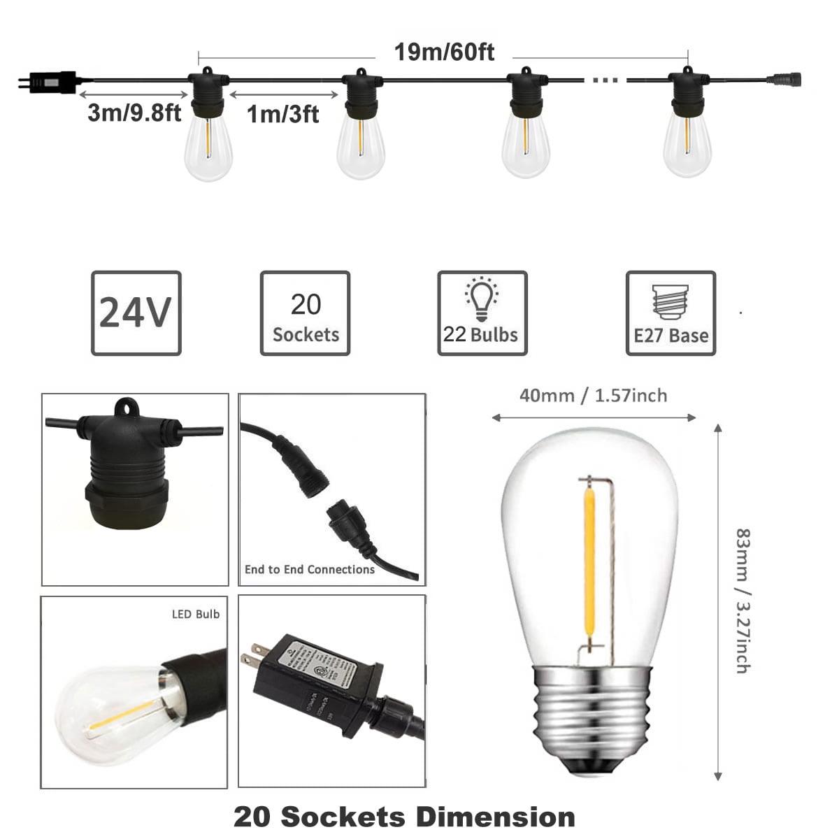 62FT LED Outdoor String Light, Warm White to White Color Changing, Waterproof Low Voltage for Patio Garden Gazebo Bistro Café Backyard