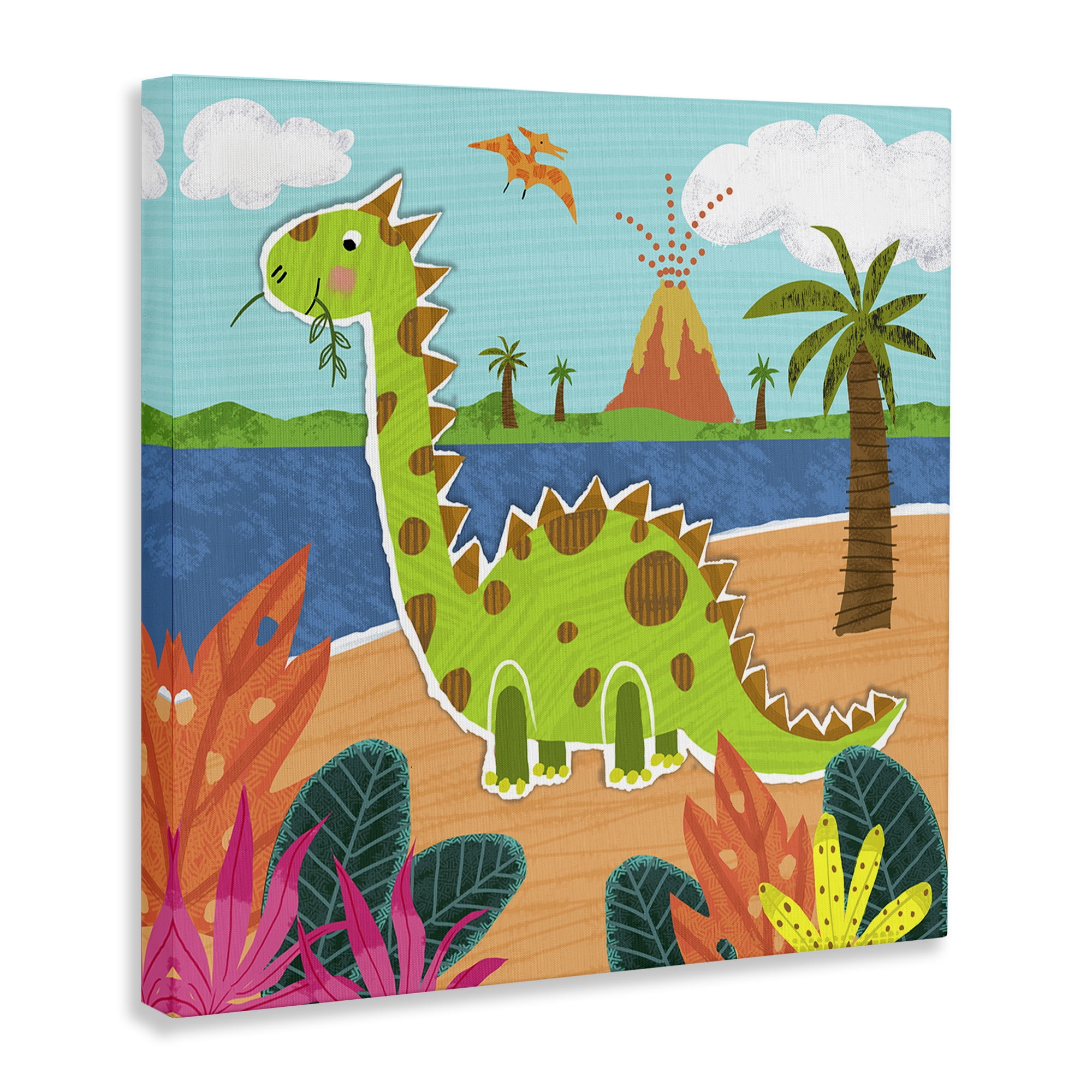 Stupell Industries Dinosaur on Beach Animals Painting Wrapped Canvas Art Print Wall Art, 17 x 17