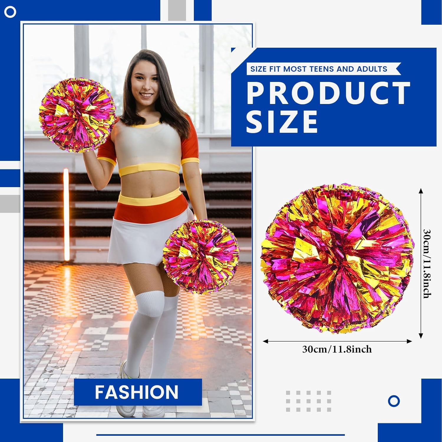 Cheerleader Pom Poms 24 Pack Sports Dance Cheering Plastic Metallic Cheerleading Pom Poms for Kids Adults-Ring Style