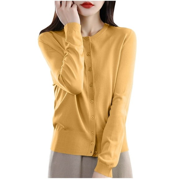 Posijego Women's Lightweight Cardigan Sweater Button Crewneck Long Sleeve Fall Thin Cardigans for Women