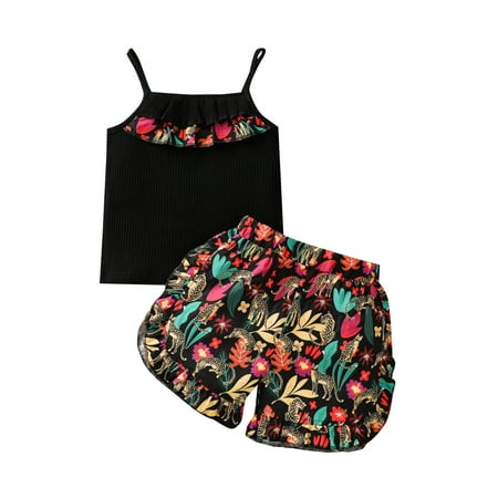 

2Pcs Kids Summer Tracksuit Girls Ribbed Spaghetti Strap Frilly Vest + Floral Ruffled Shorts 18 Months to 6 Years