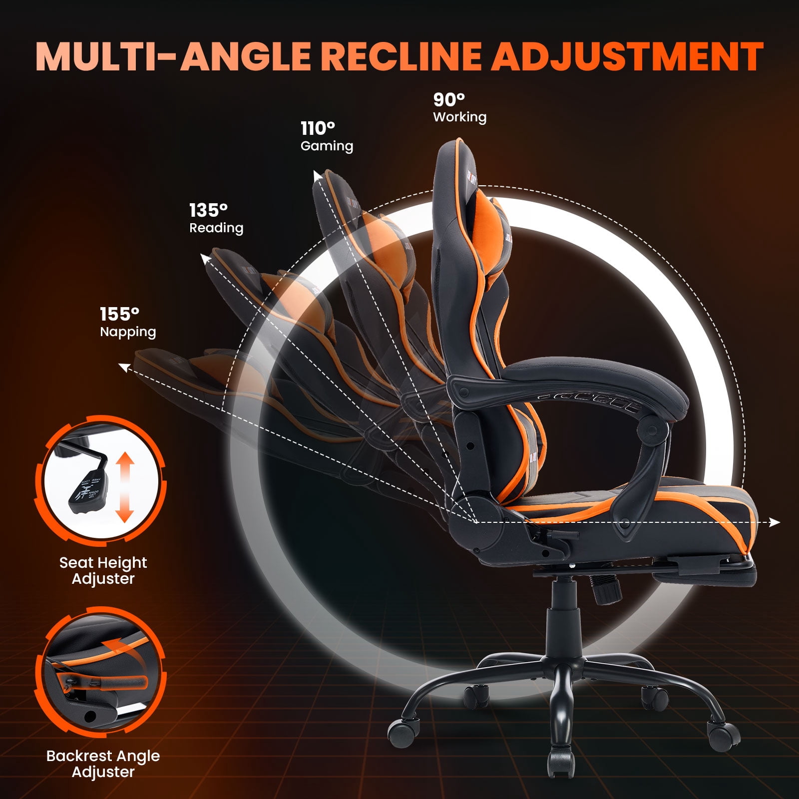 JONPONY Big and Tall 500LBS Gaming Chair, Ergonomic High Back Gamer Chair with Footrest Lumbar Support, PU Leather Office Computer Chair for Long Sitting, Orange