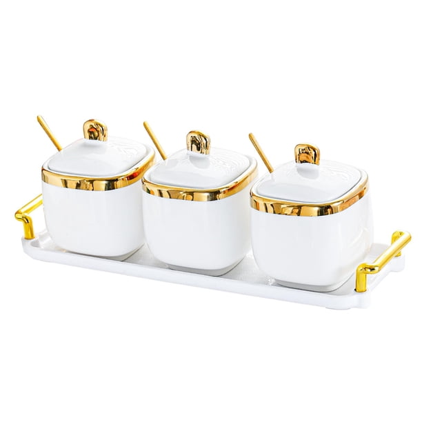 Recipiente para condimentos, especias, caja de almacenamiento de alimentos, plato multifuncional para aperitivos 3 tarros de oro