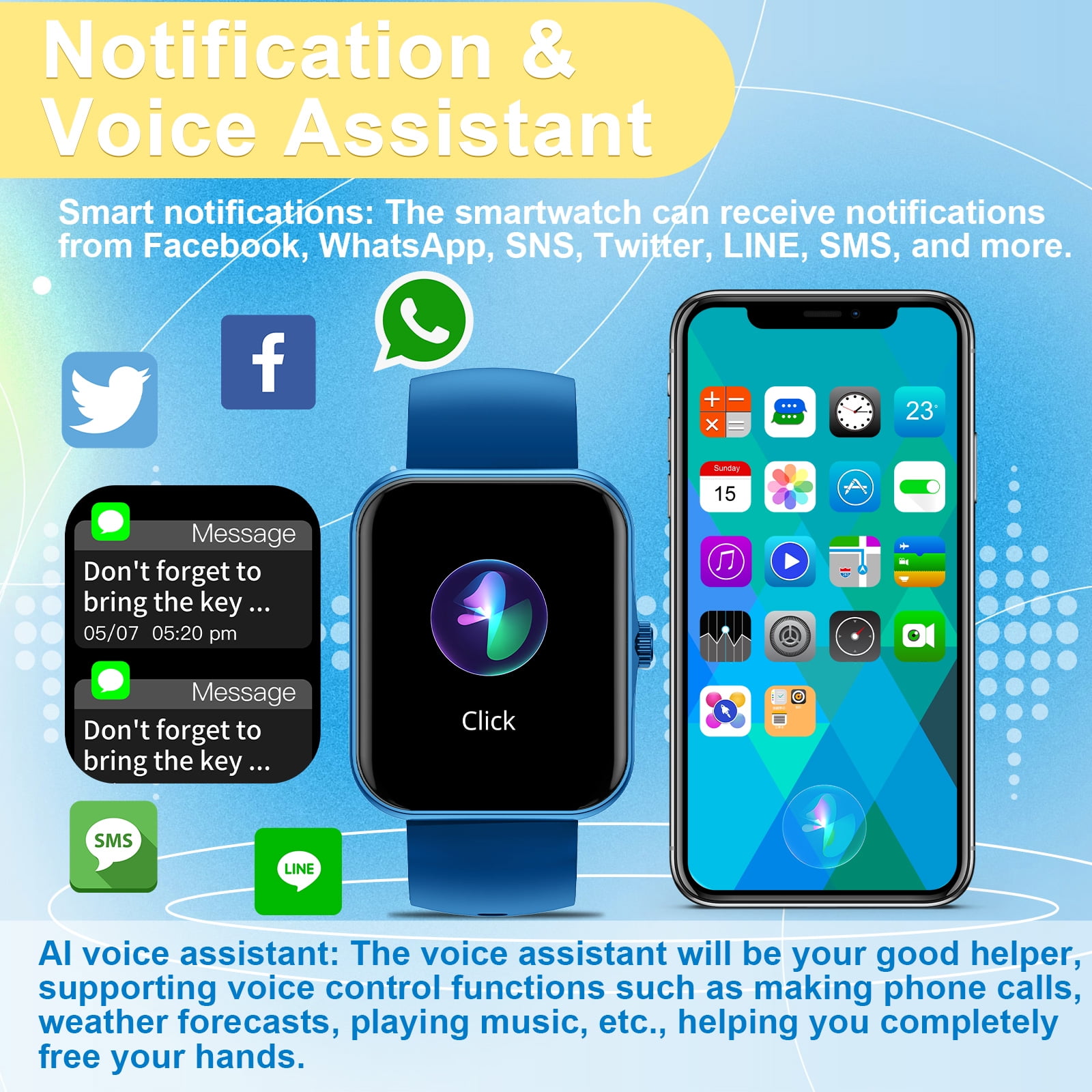 PTHTECHUS 1.83'' Smart Watch for Kids Sport Smartwatch with 37 Sports Modes DIY Watch Touchscreen Phone Calls Music Calculator Excellent Gift for Teenage(Blue)