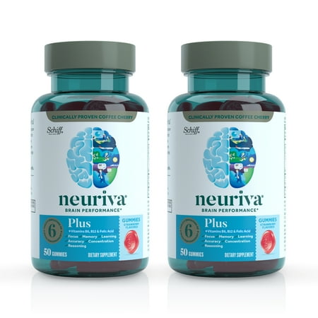 Neuriva Plus Brain Health Support Strawberry Gummies (50 count), Brain Support With Phosphatidylserine, Vitamin B6 & Decaffeinated, Clinically Proven Coffee Cherry (Pack of 2)