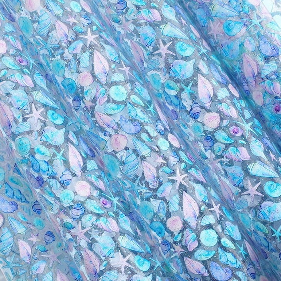 Shell Sea Clear TPU Jelly Faux Leather 12 x 47.2 inches Ocean Vinly Transparent PVC Printed Plastic Glitter Faux Leather Roll Waterproof for Cosmetic Bag Bows Earrings Making DIY