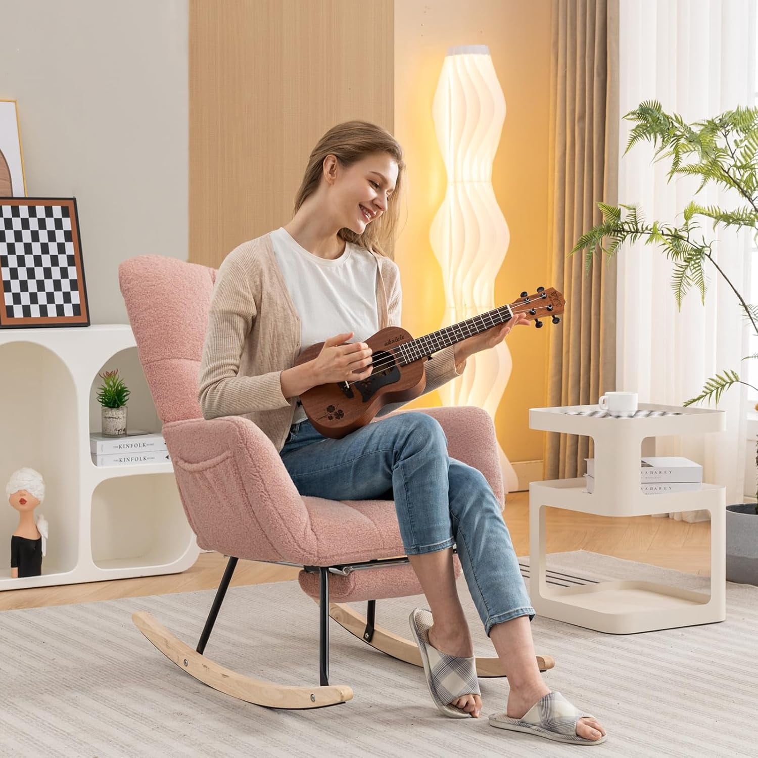 Rocking Chair Nursery Teddy Upholstered Glider Rocker High Backrest Nursery Rocker Comfortable Armchair