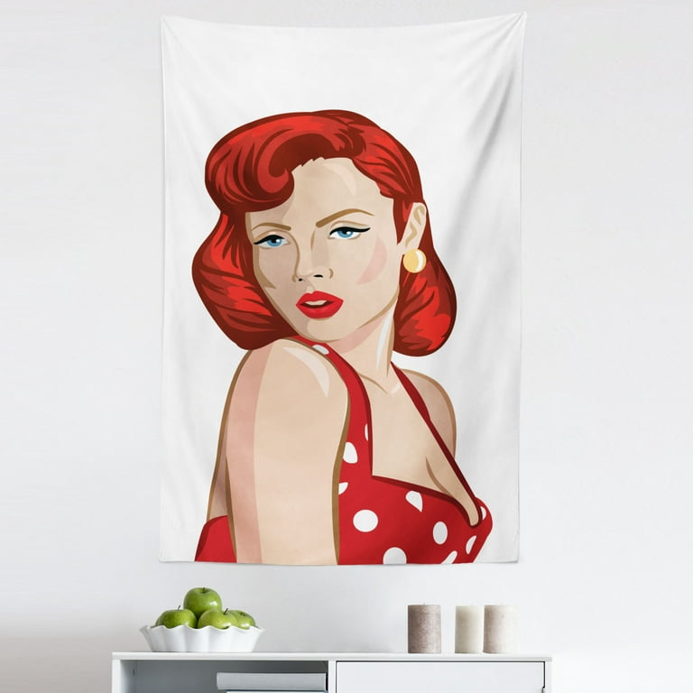 Pin up Girl Tapestry Vintage Portrait of a Ginger Lady with Retro Style Rolled Hair Fabric Wall Hanging Decor for Bedroom Living Room Dorm 5 Sizes Pale Peach Scarlet by Ambesonne
