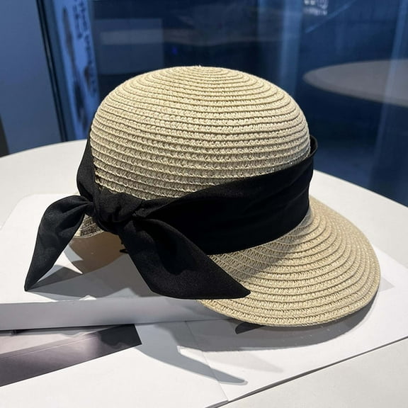 Womens Straw Sun Hat Wide Brim Uv Protection Bucket Hat Foldable Packable Bowknot Visor Sun Cap Summer Outdoor Beach Cap Beige One Size