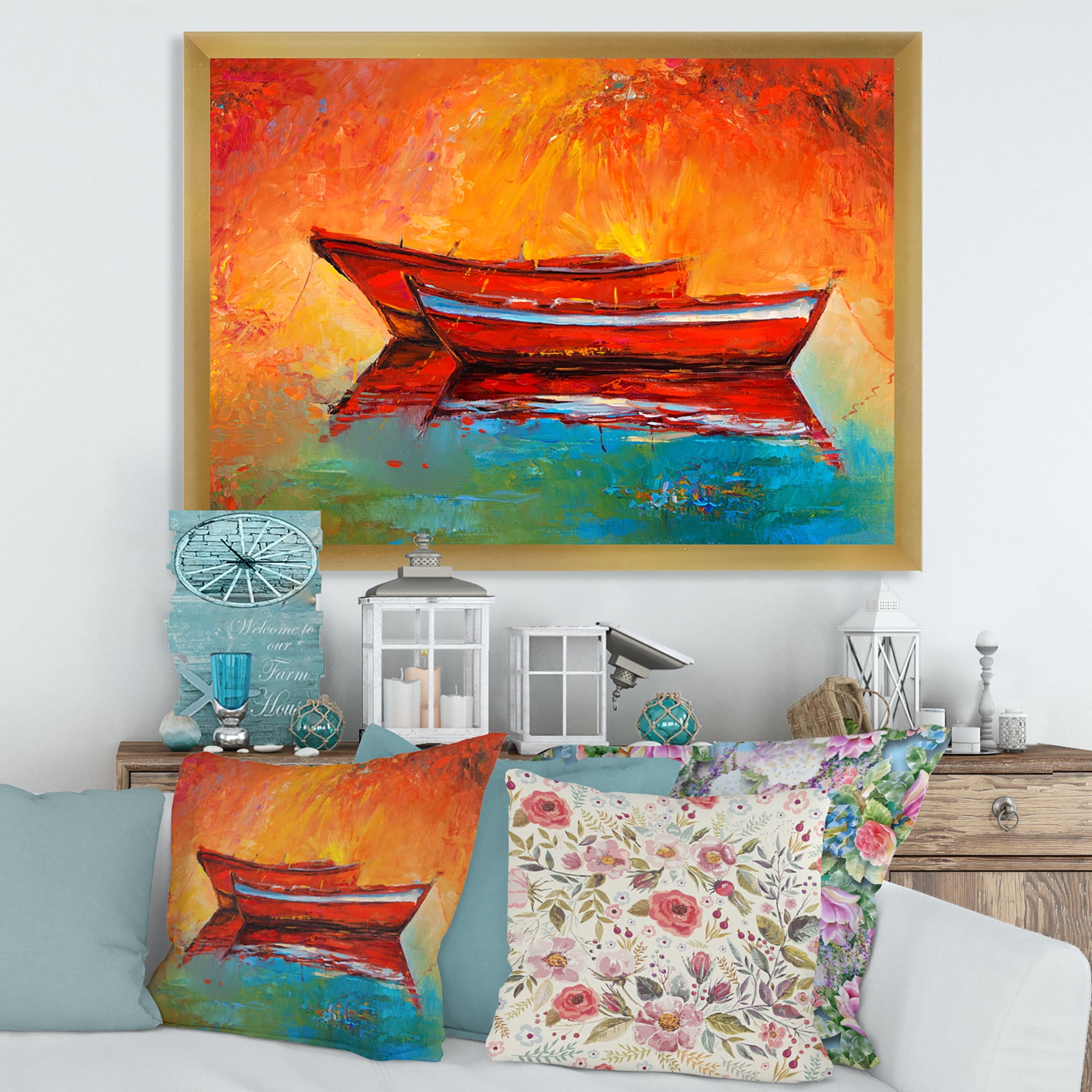 Two Red Boats During Sunset In Lake 32 in x 24 in Framed Painting Canvas Art Print, by Designart