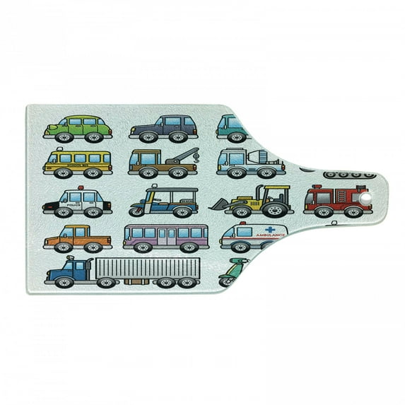 Cartoon Cutting Board, Colorful Landscape Transportation Displayed in 4 Lines All from Bicycle to Truck, Tempered Glass Cutting and Serving Board, Wine Bottle Shape, Multicolor, by Ambesonne