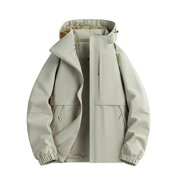 RXIRUCGD Man Color Match Water Resistance Drawstring Pockets Hooded Outdoor Jacket Coat, Beige, Size: 3XL