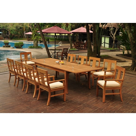Grade-A Teak Dining Set: 10 Seater 11 Pc: 122" Atnas Double Extension Rectangle Table And 10 Osborne Arm Chairs Outdoor Patio WholesaleTeak #WMDSWVm