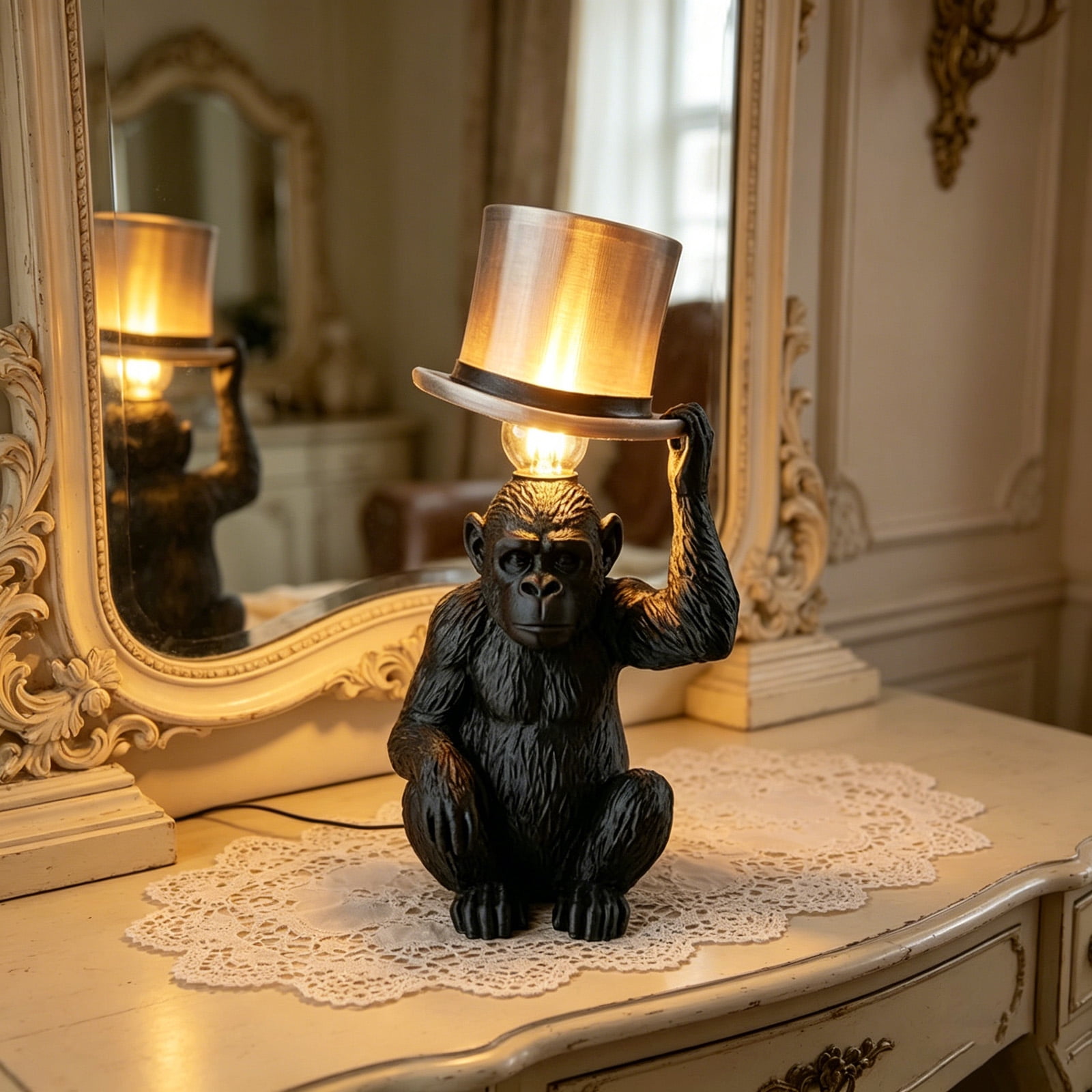 Monkey Table Lamp with Top Hat, Resin Table Lamp for Bedroom Office Novelty Bedside Light, Fun Lamps Livingroom Decor, Creative Desk Lighting Fixture, Monkey Light Whimsical Design Gift for Friends